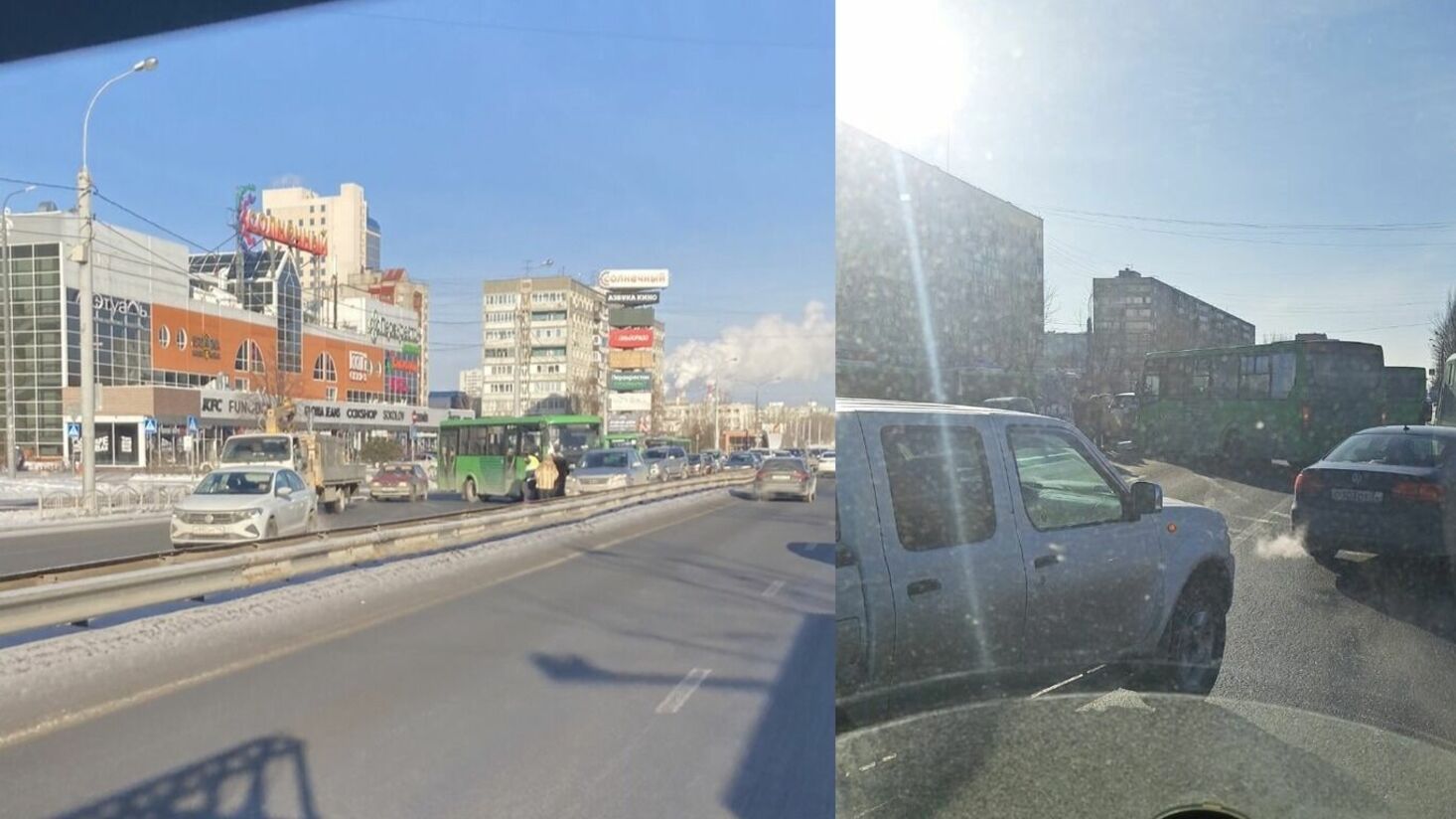 Автобус блокировал движение на улице Пермякова в Тюмени из-за аварии. Фото