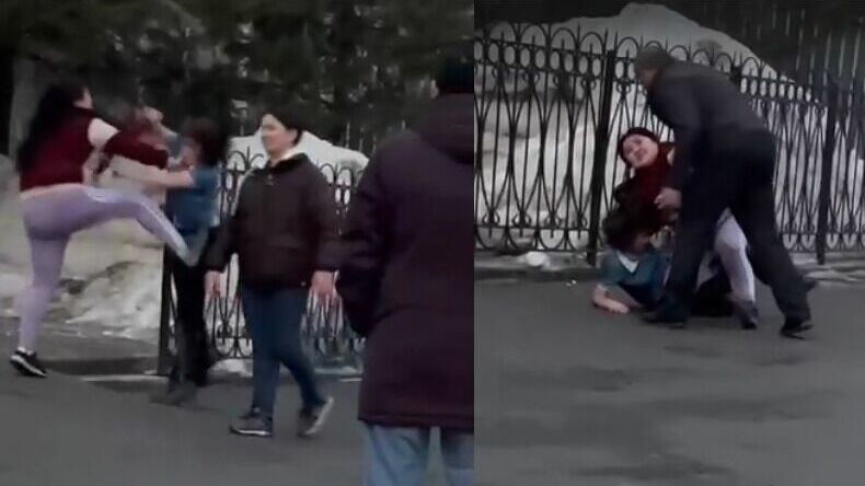 В Тобольске подрались две женщины, одна из них свалилась на асфальт. Видео